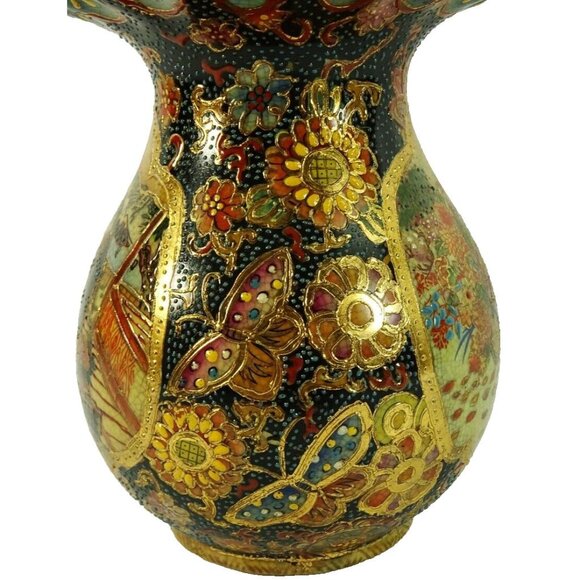 Vintage Japanese Satsuma Vase Scalloped Edges Geisha Butterfly Floral Ceramic - Picture 6 of 10